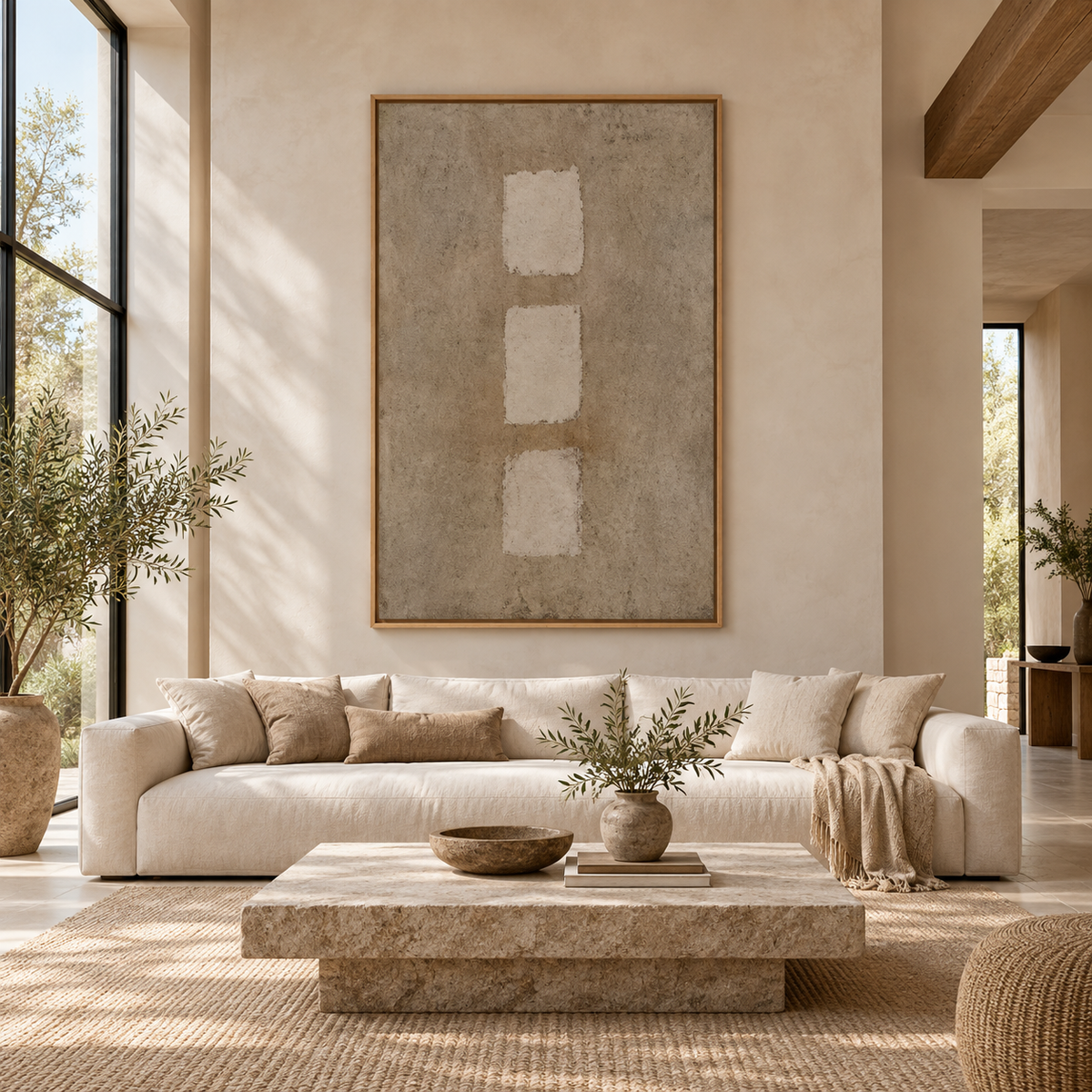 Textured Canvas Painting – Threefold Quiet original painting above a cream sofa in a living room by Rossetti Art