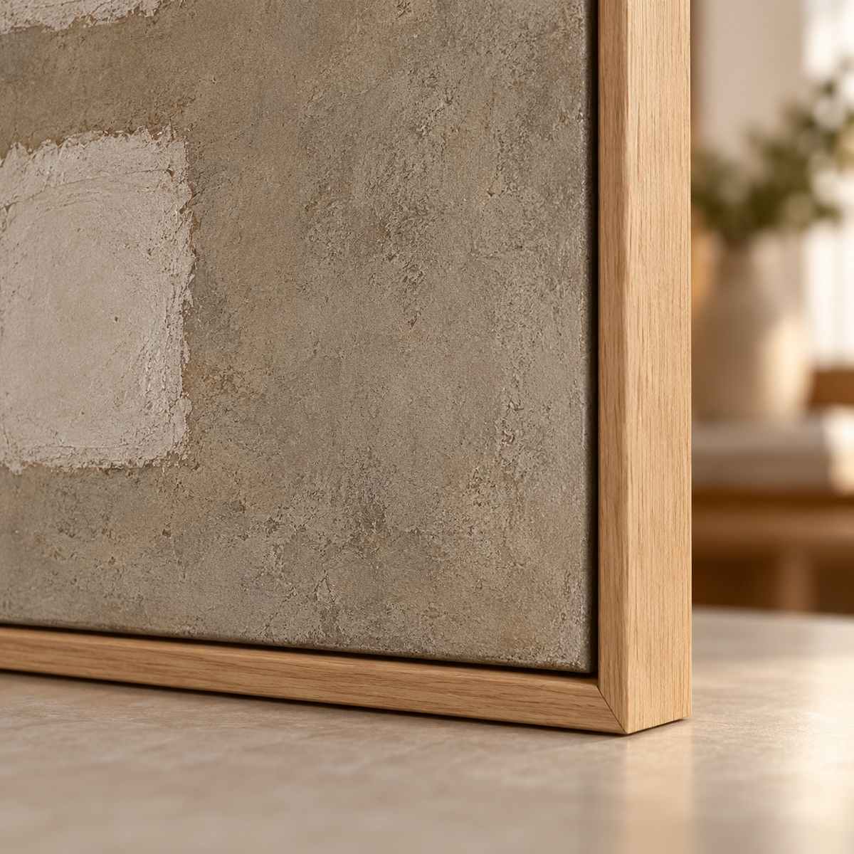 Textured Canvas Painting – Threefold Quiet close-up of the layered textured surface and floater frame corner by Rossetti Art