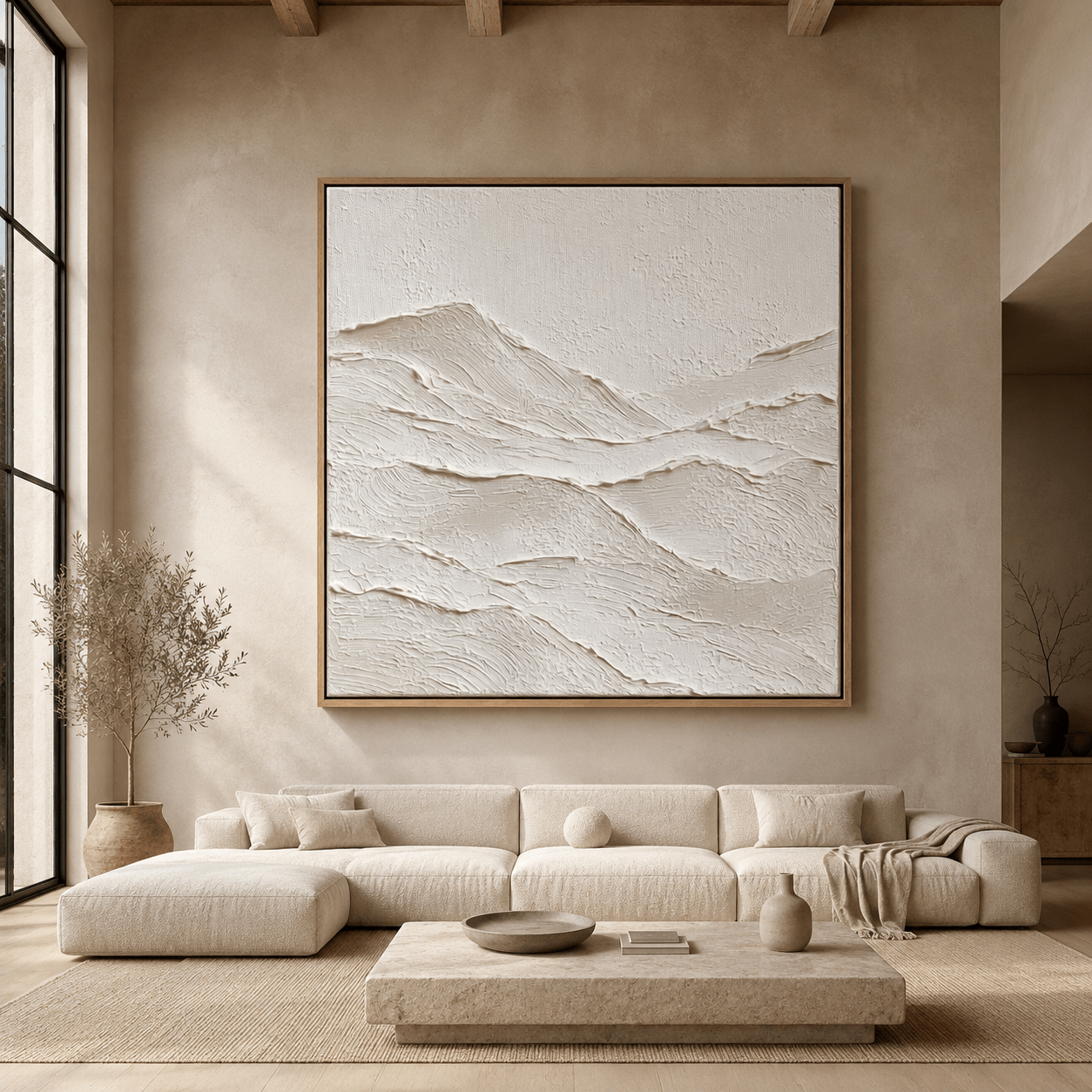 Textured wall art with hand-built ridge relief in a modern living room – Still Range by Rossetti Art