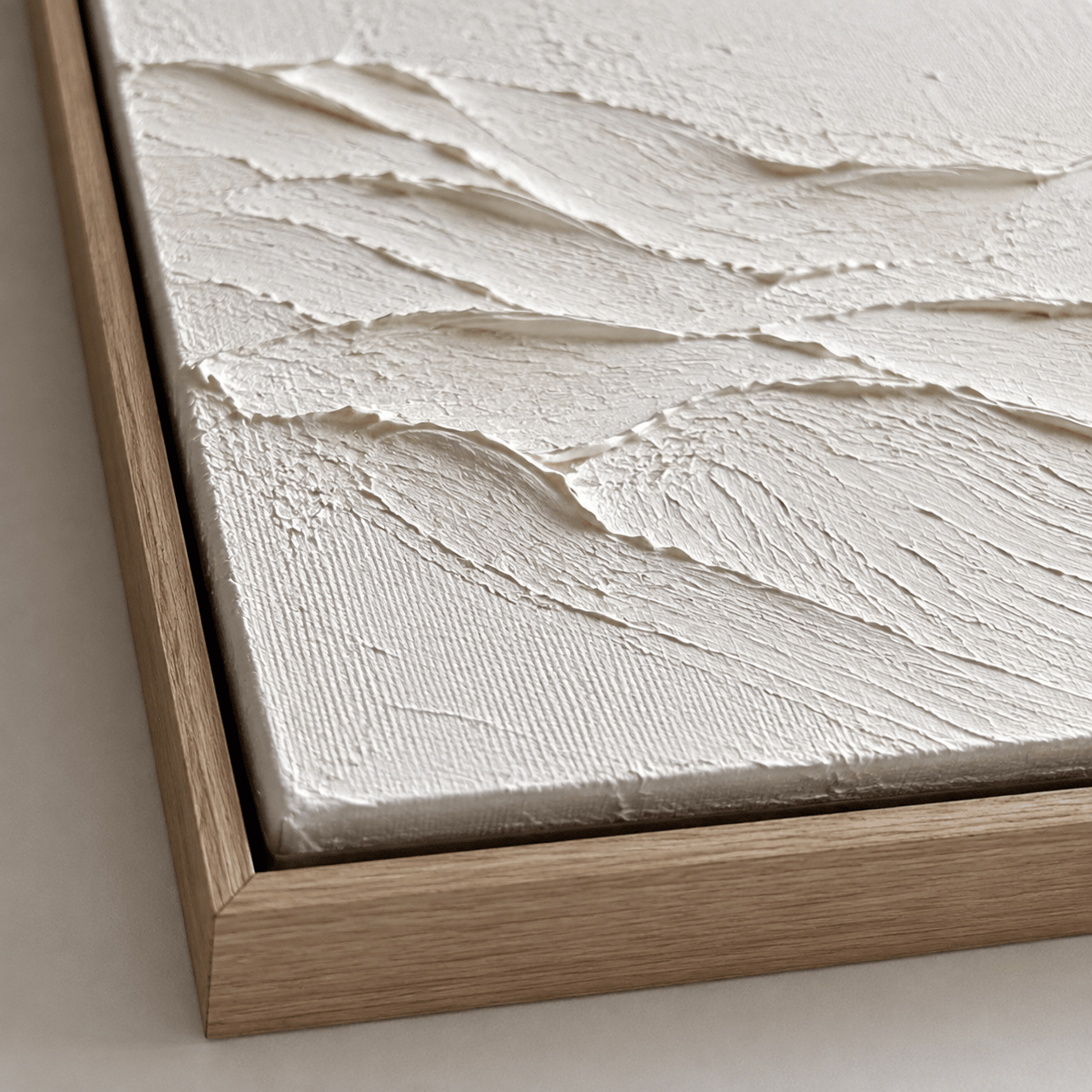 Close-up of hand-built ridge texture in oak floater frame – Still Range by Rossetti Art
