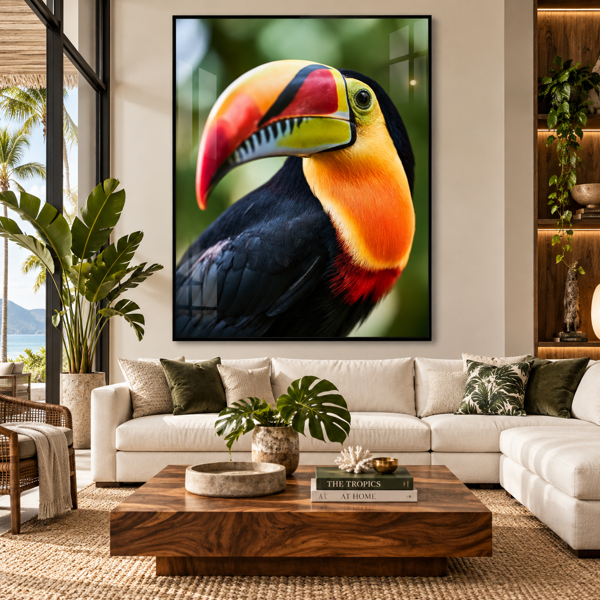 Toucan Art – Rainforest Portrait acrylic print above a sofa in a tropical living room by Rossetti Art