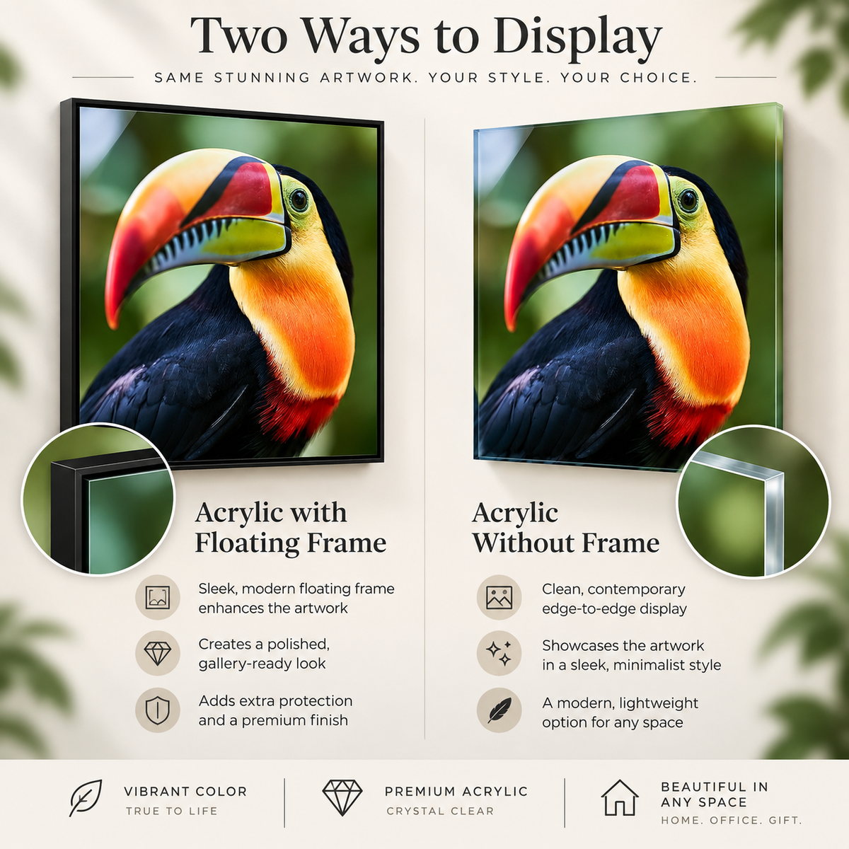 Toucan Art – Rainforest Portrait acrylic print with and without frame by Rossetti Art
