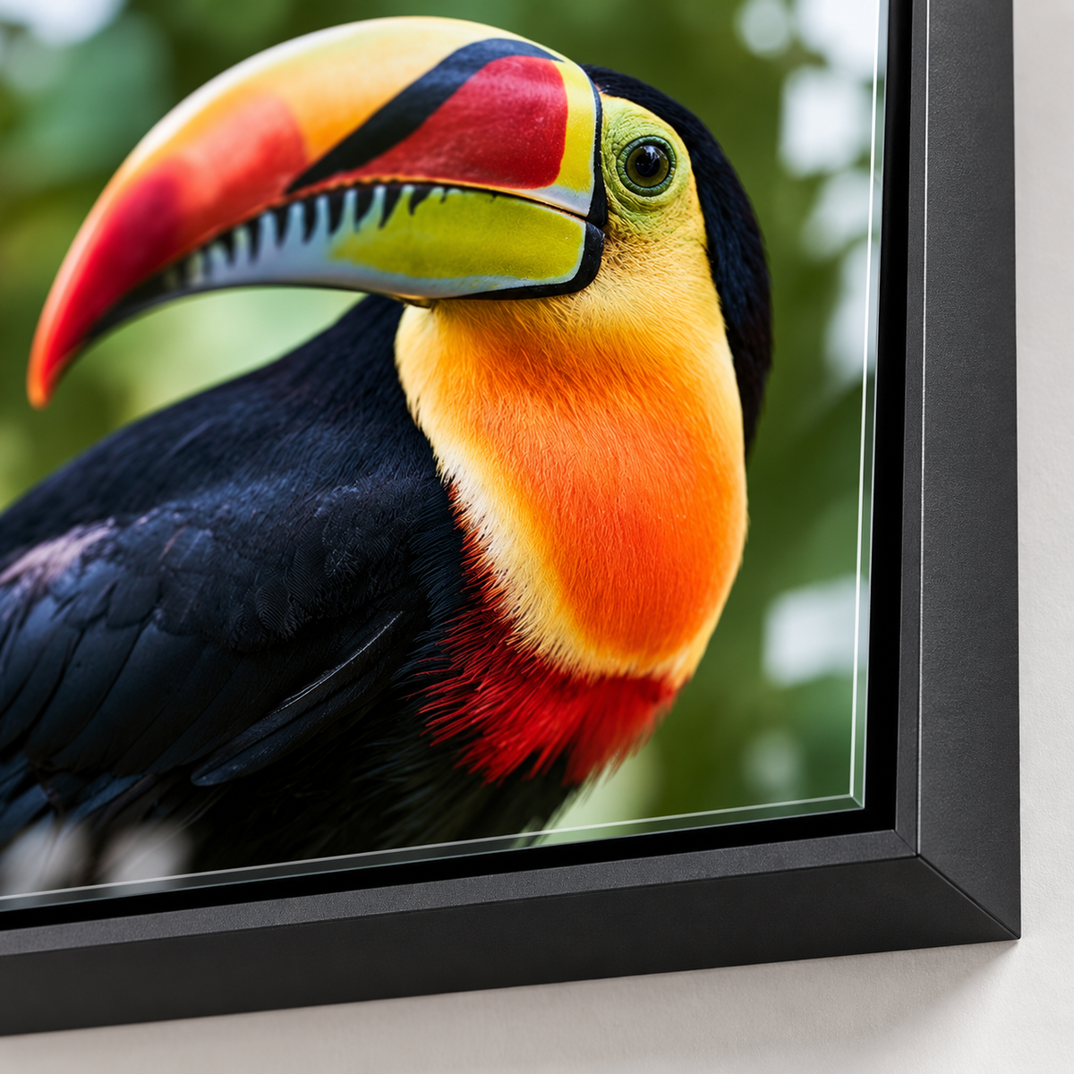 Toucan Art – Rainforest Portrait close-up of the black frame corner by Rossetti Art