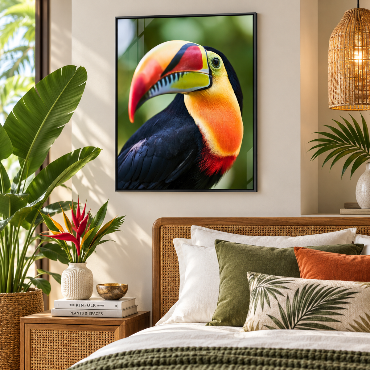 Toucan Art – Rainforest Portrait acrylic print above a bed in a tropical bedroom by Rossetti Art