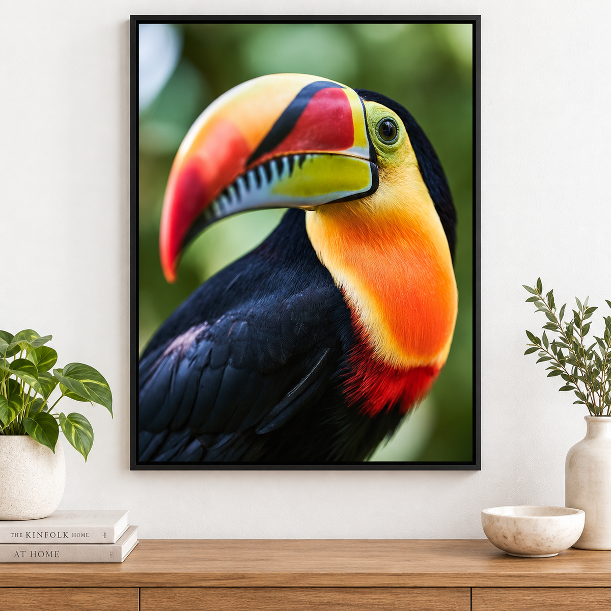 Toucan Art – Rainforest Portrait framed acrylic print on a console by Rossetti Art