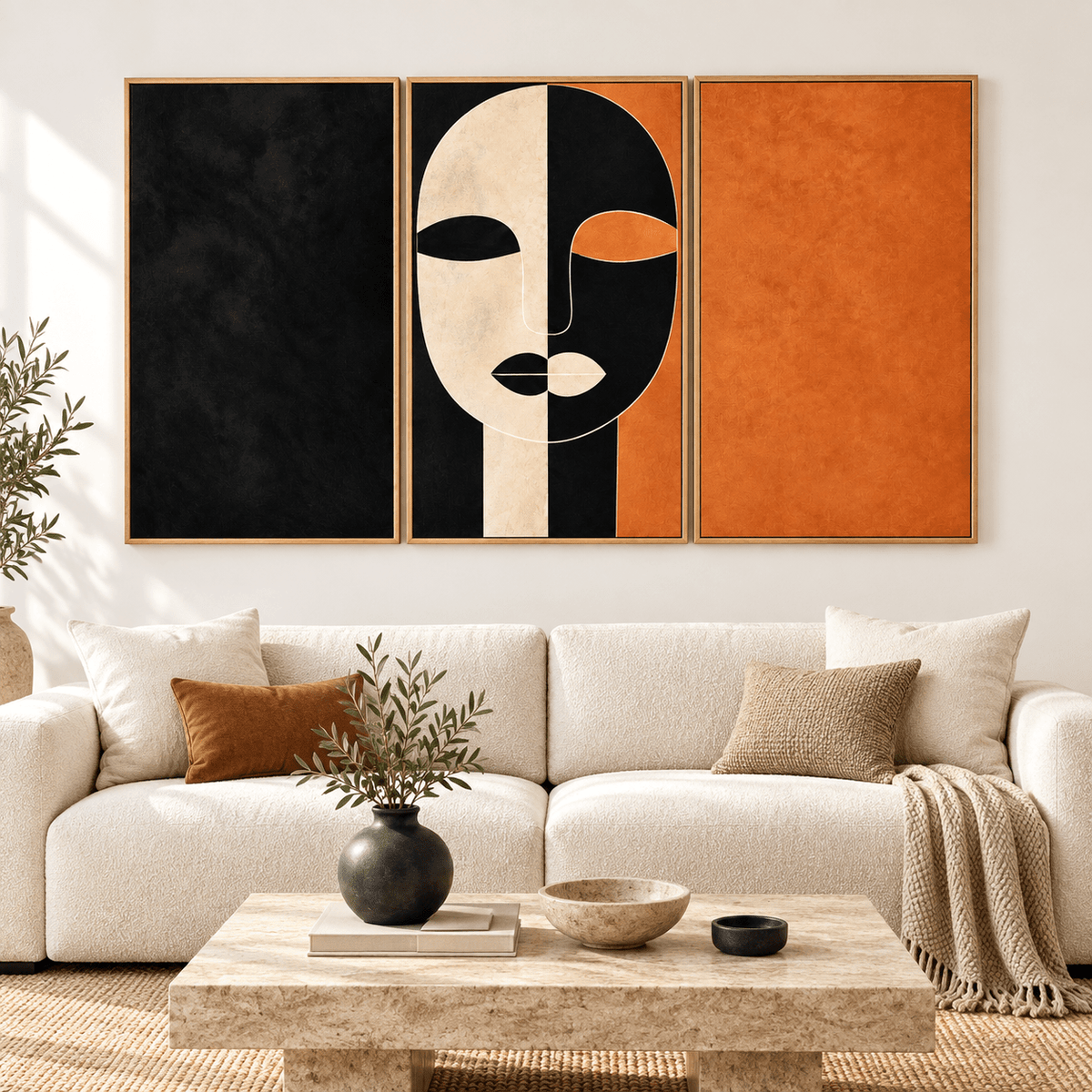Triptych wall art – Ochre Divide three-panel abstract canvas set centered above a cream sofa on a white living room wall by Rossetti Art