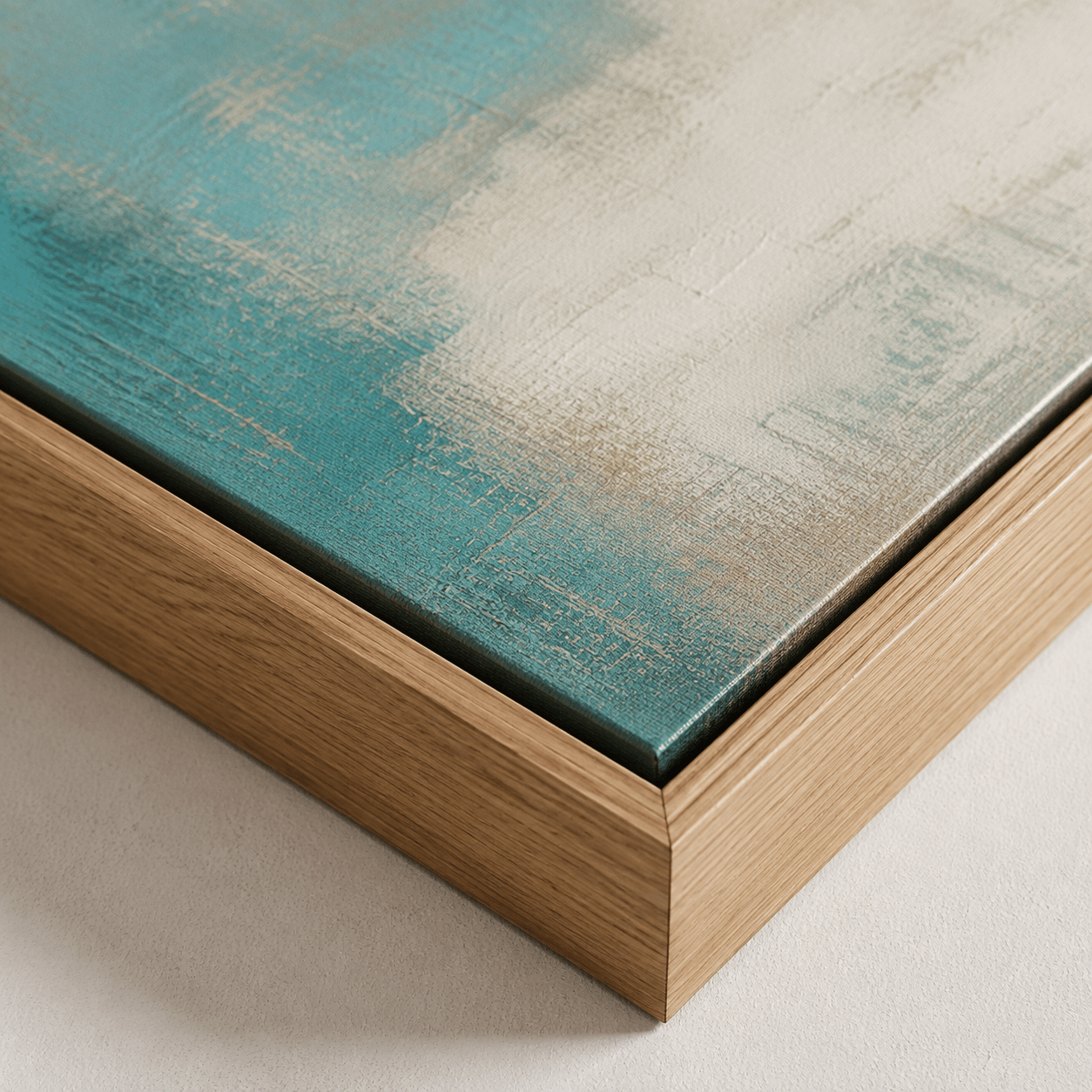 Turquoise abstract wall art displayed above a bed in a calm neutral bedroom