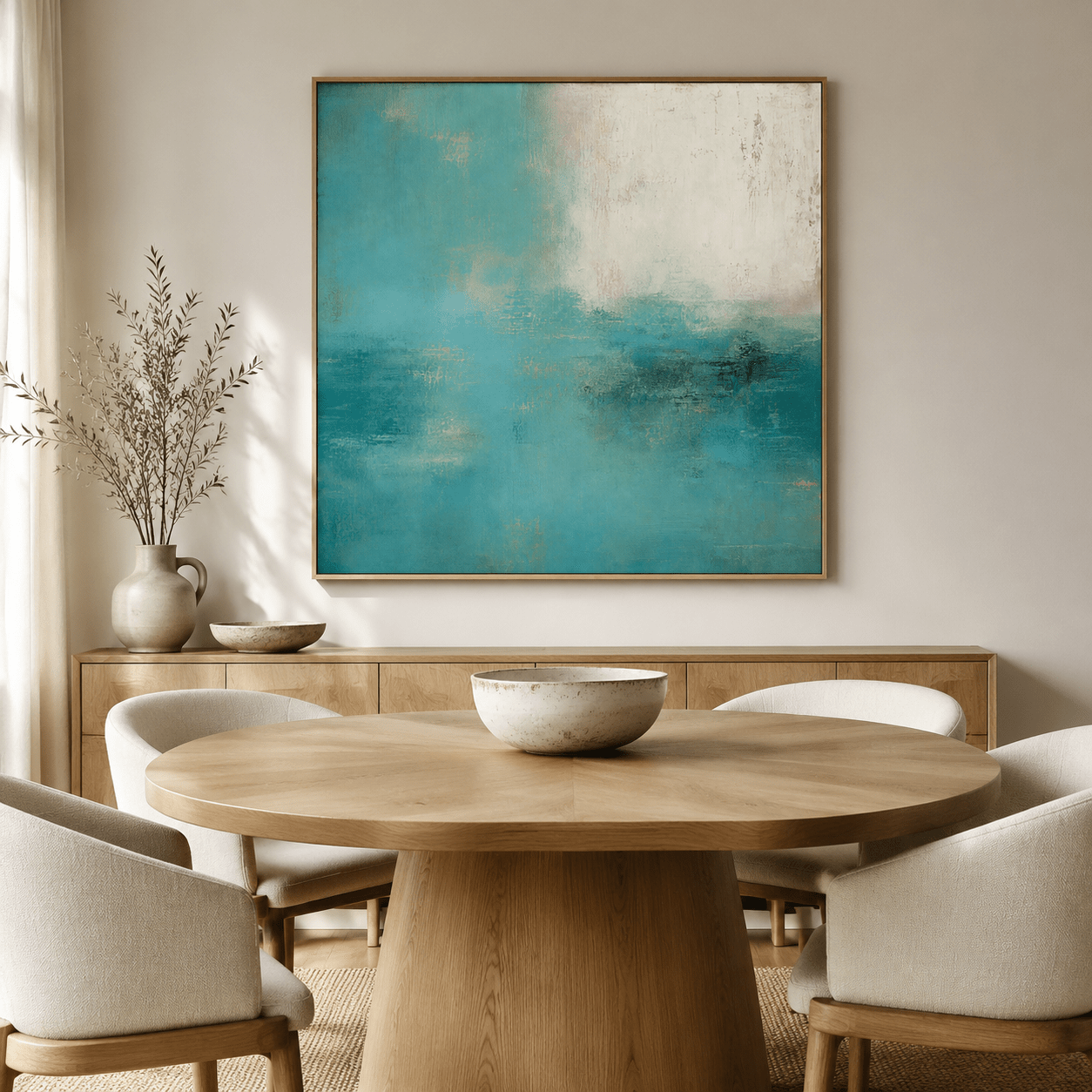 Close-up of textured turquoise and teal abstract wall art with pale blue and gold-beige details