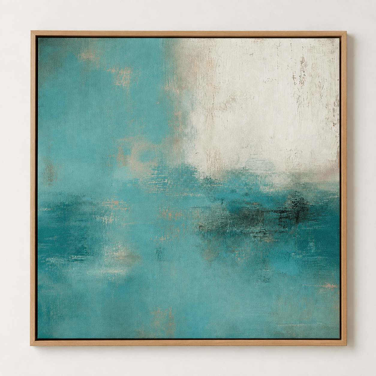 Turquoise abstract wall art with layered teal texture, pale blue, off-white and subtle gold tones