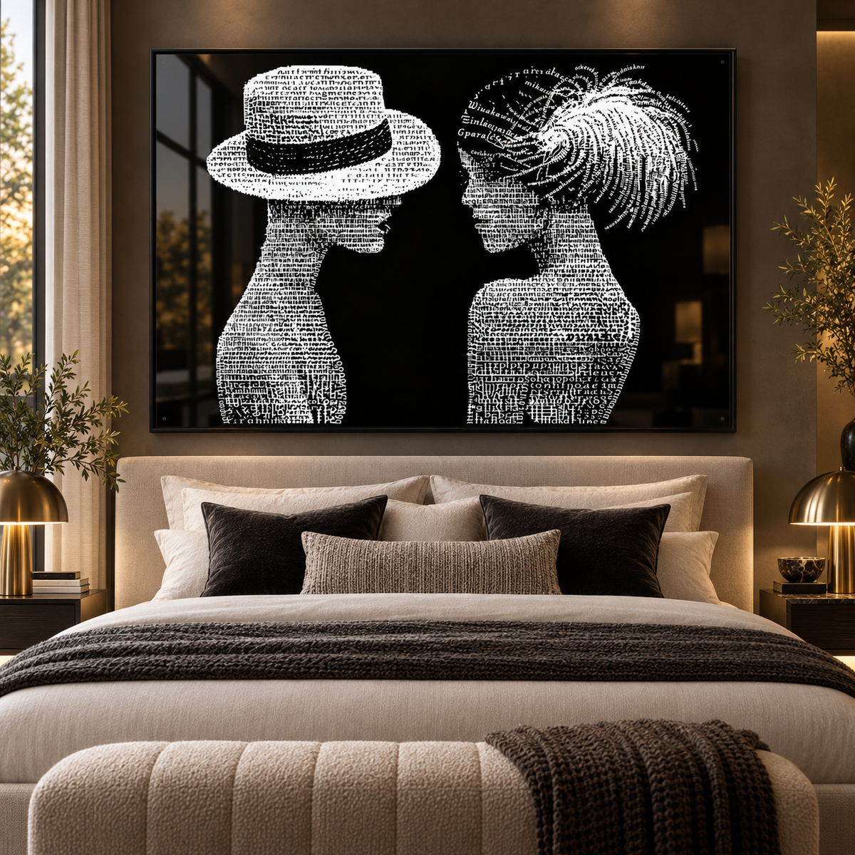 Typographic Art – Dialogue acrylic print above a bed in a bedroom by Rossetti Art