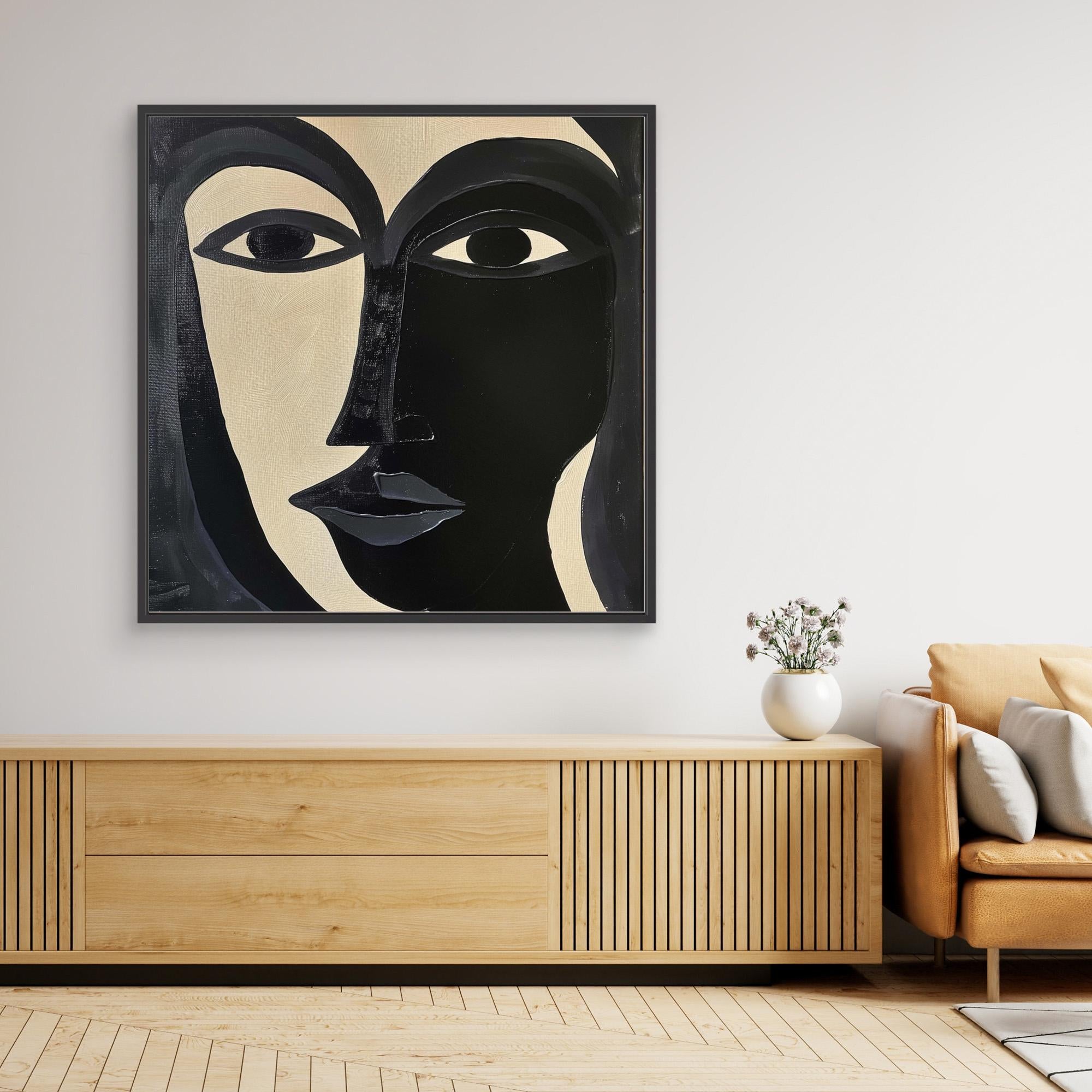 Divided Essence - Minimalist Black and White Abstract Face Art Print, Modern Portrait Wall Decor, Bold Contemporary Expressionist Artwork, Unique Canvas Design