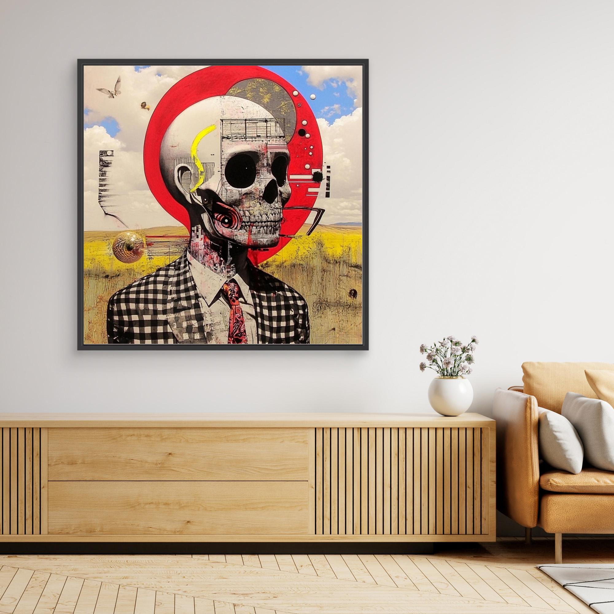 Canvas Print : Skull Reverie - Surreal Skull Art Print – Modern Mixed Media Wall Decor with Red Accents