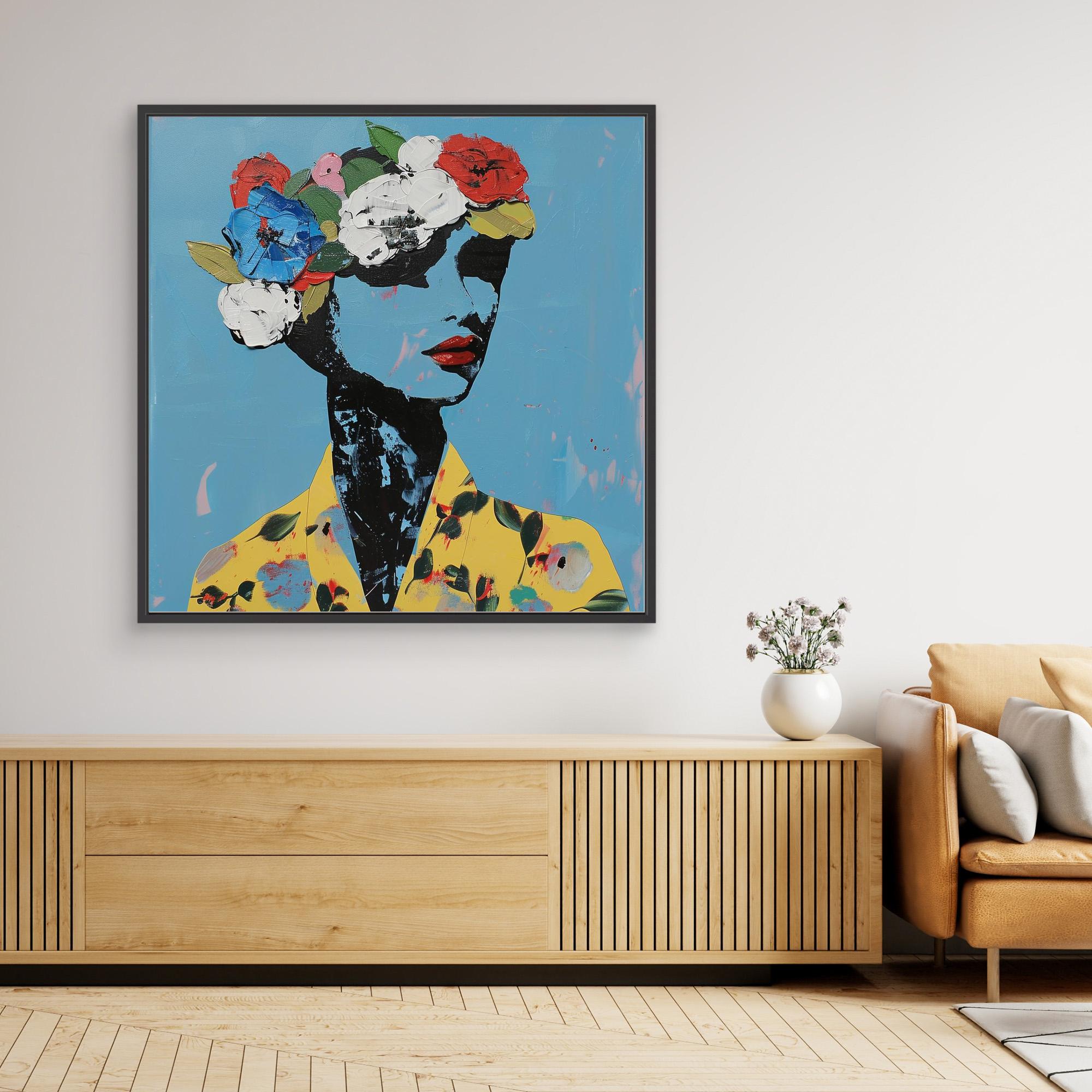 Crowned in Color - Print Wall Art - Floral Portrait Abstract Art Print, Modern Woman Wall Art, Colorful Blue And Yellow Painting, Large Flower Crown Canvas Print