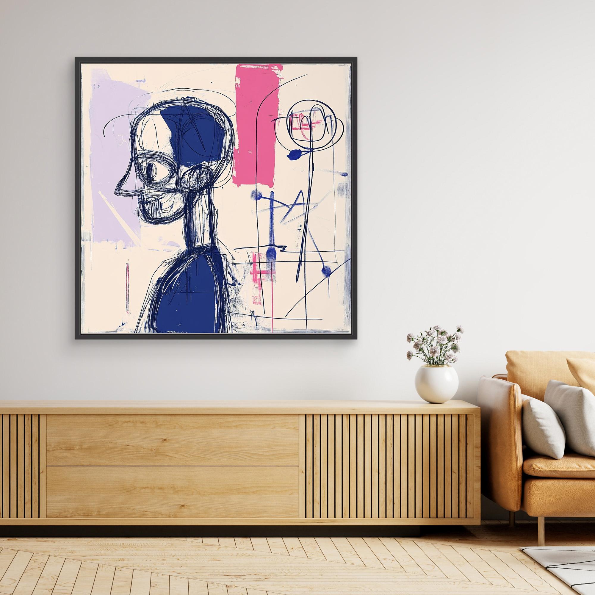 Abstract Contemplation - Modern Abstract Line Art Print | Blue and Pink Abstract Portrait | Contemporary Wall Art for Home or Office Decor