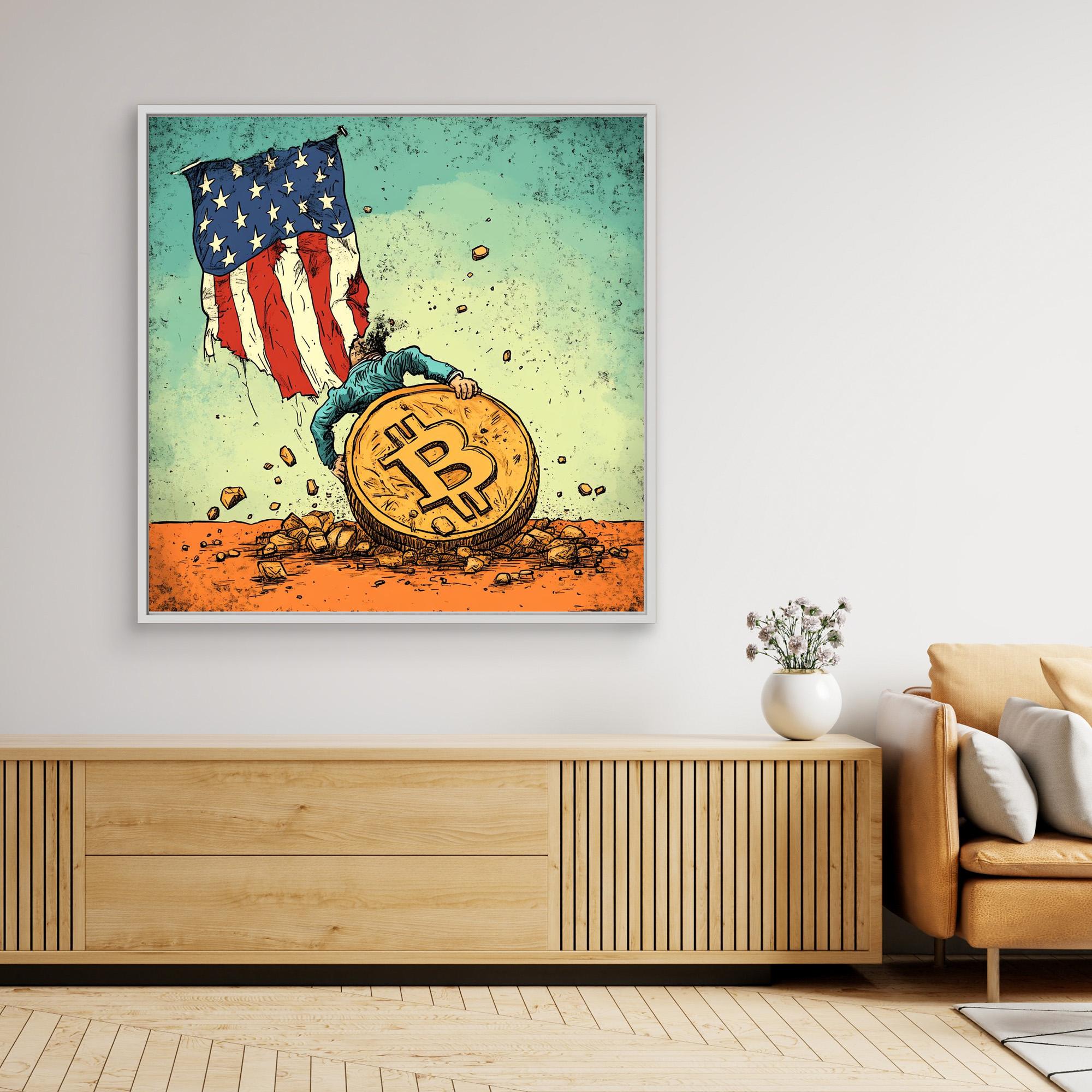 Canvas Print : Bitcoin vs. Tradition: Bold Political Satire Print Artwork