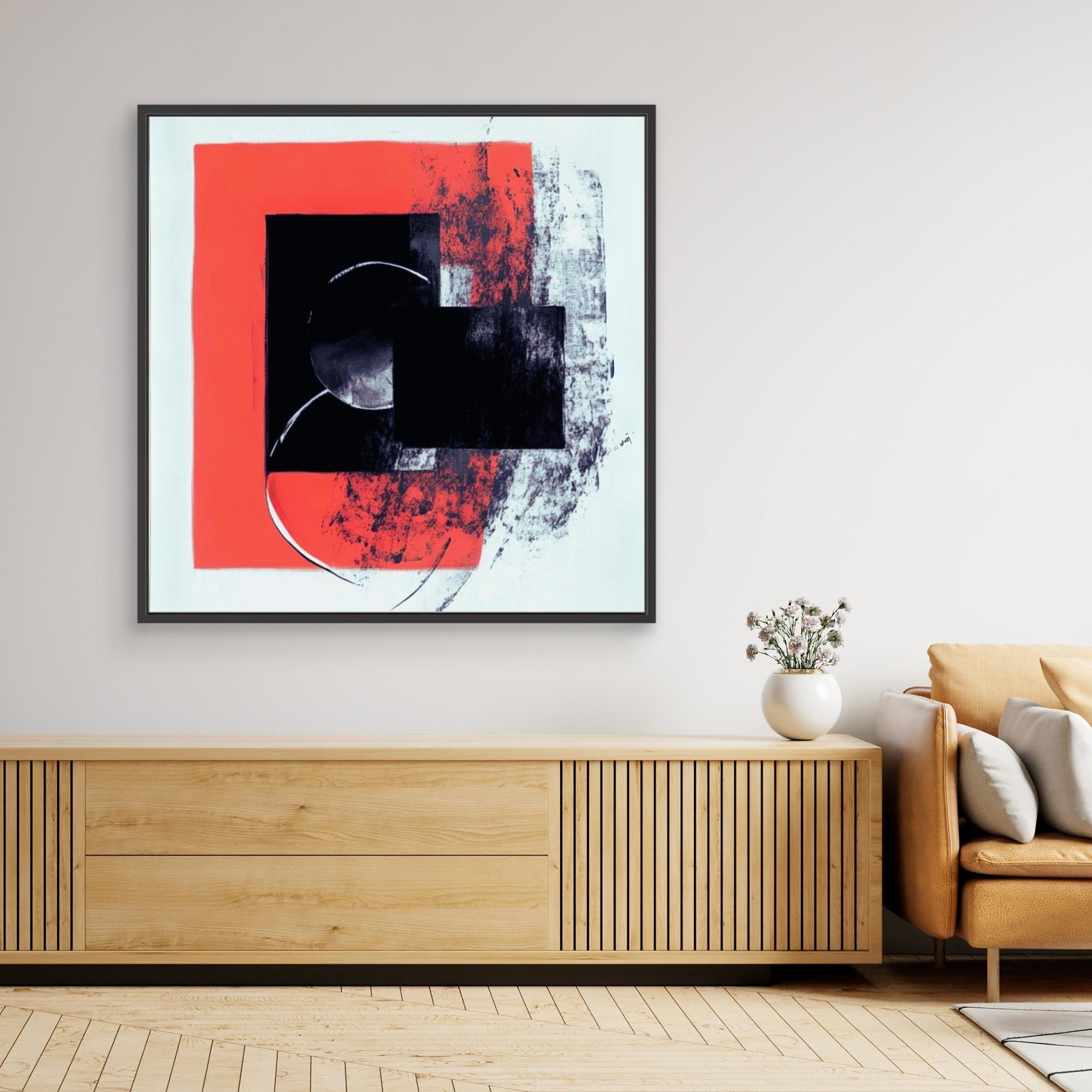 Crimson Echo - Modern Abstract Wall Art Print - Bold Black and Red Geometric Design on White Canvas - Contemporary Minimalist Art for Home Decor