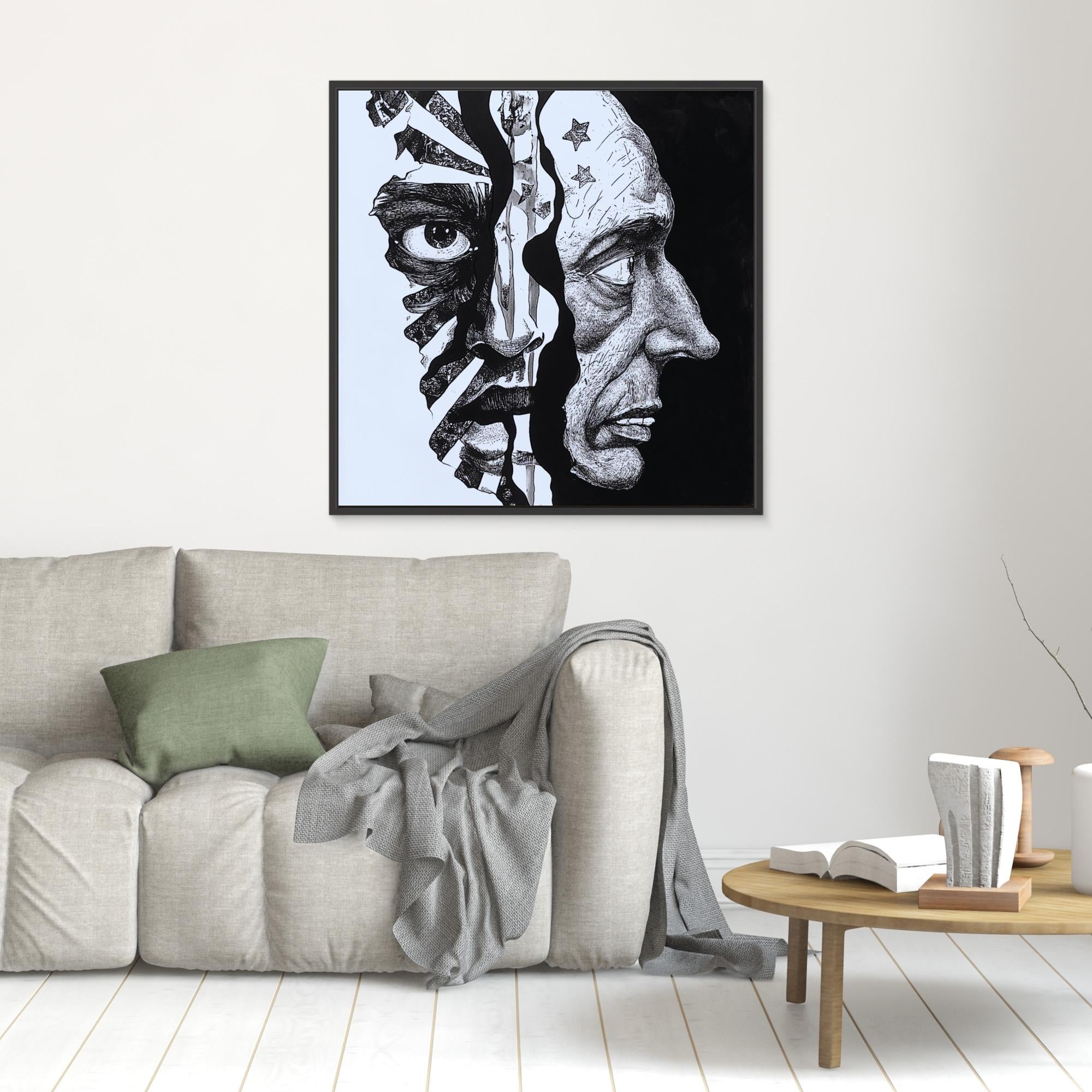 Faces Within - Dual Perspective Abstract Wall Art, Black and White Pen Drawing, Surreal Face Illustration Print, Modern Figurative Art for Home Decor