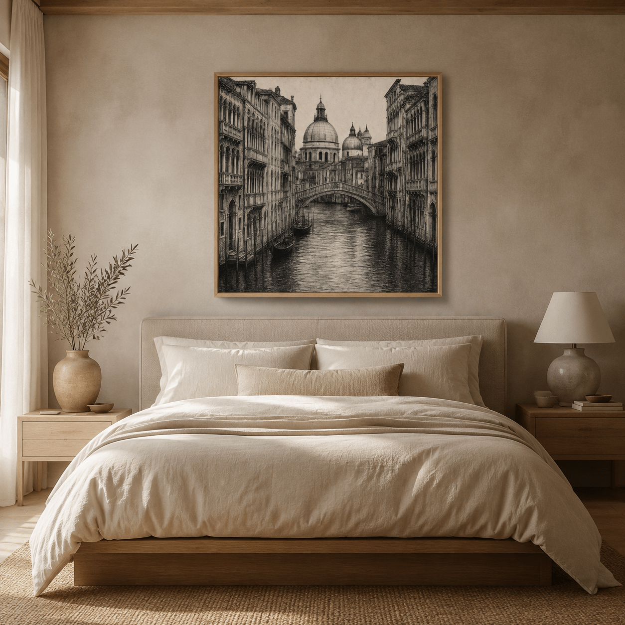 Venice canal canvas print displayed above a sideboard in a dining room