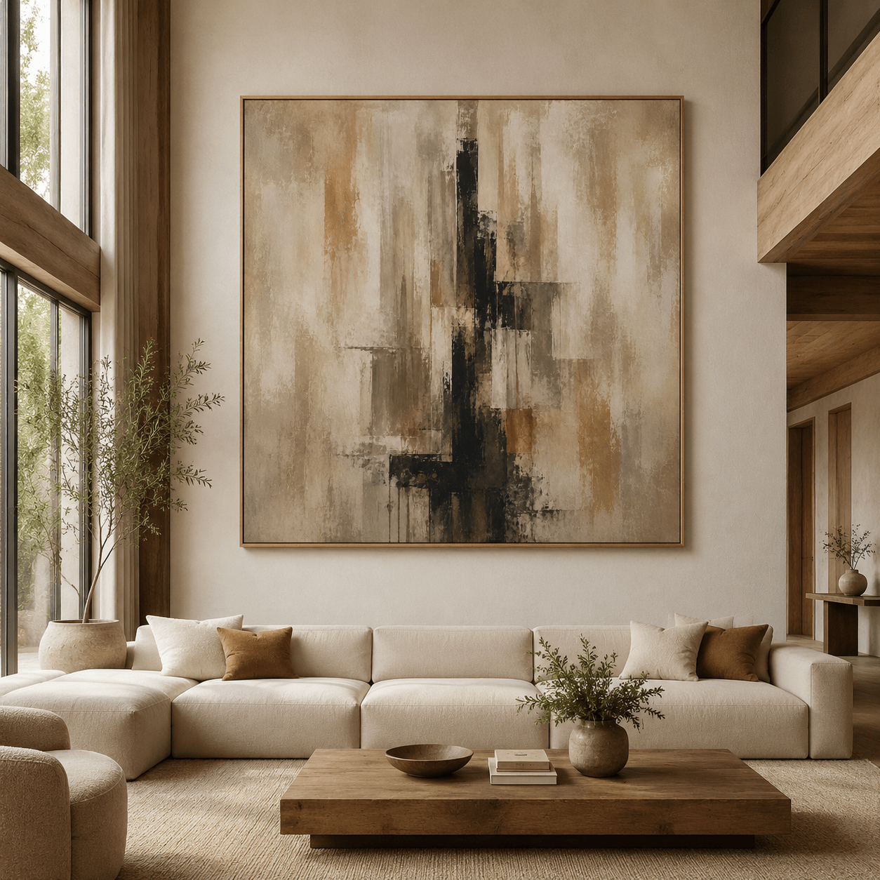 Vertical abstract wall art in charcoal, taupe, and gold striations – Amber Column by Rossetti Art