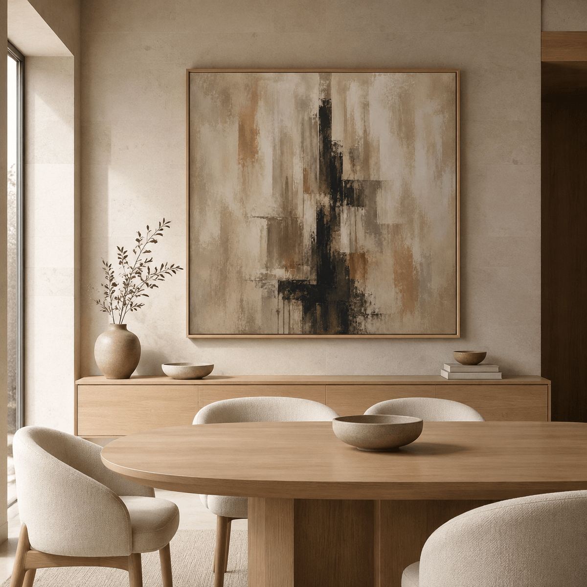 Amber Column vertical abstract wall art in an entryway with natural light