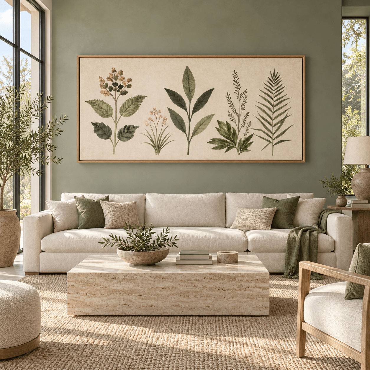 Vintage botanical print canvas hung above a sage-green living room sofa – Herbarium Study by Rossetti Art