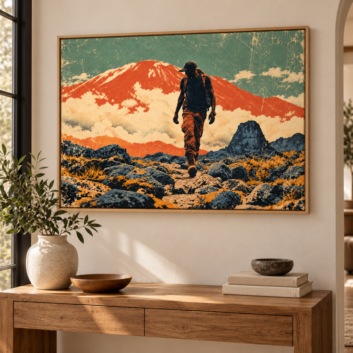 Vintage Mountain Poster Canvas Print – Summit Trail above an entryway console by Rossetti Art