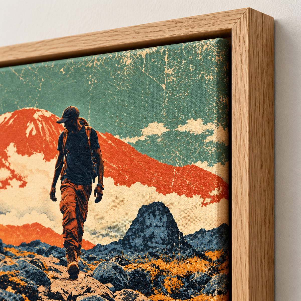 Vintage Mountain Poster Canvas Print – Summit Trail floater frame corner detail by Rossetti Art