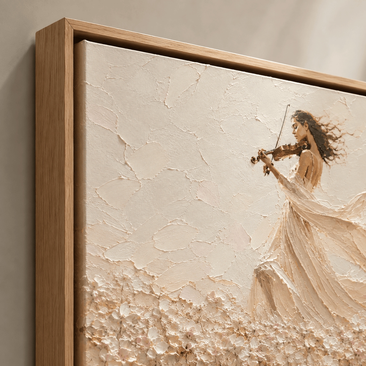Close-up detail of the impasto texture and oak floater frame on this violin painting – Windswept Serenade by Rossetti Art