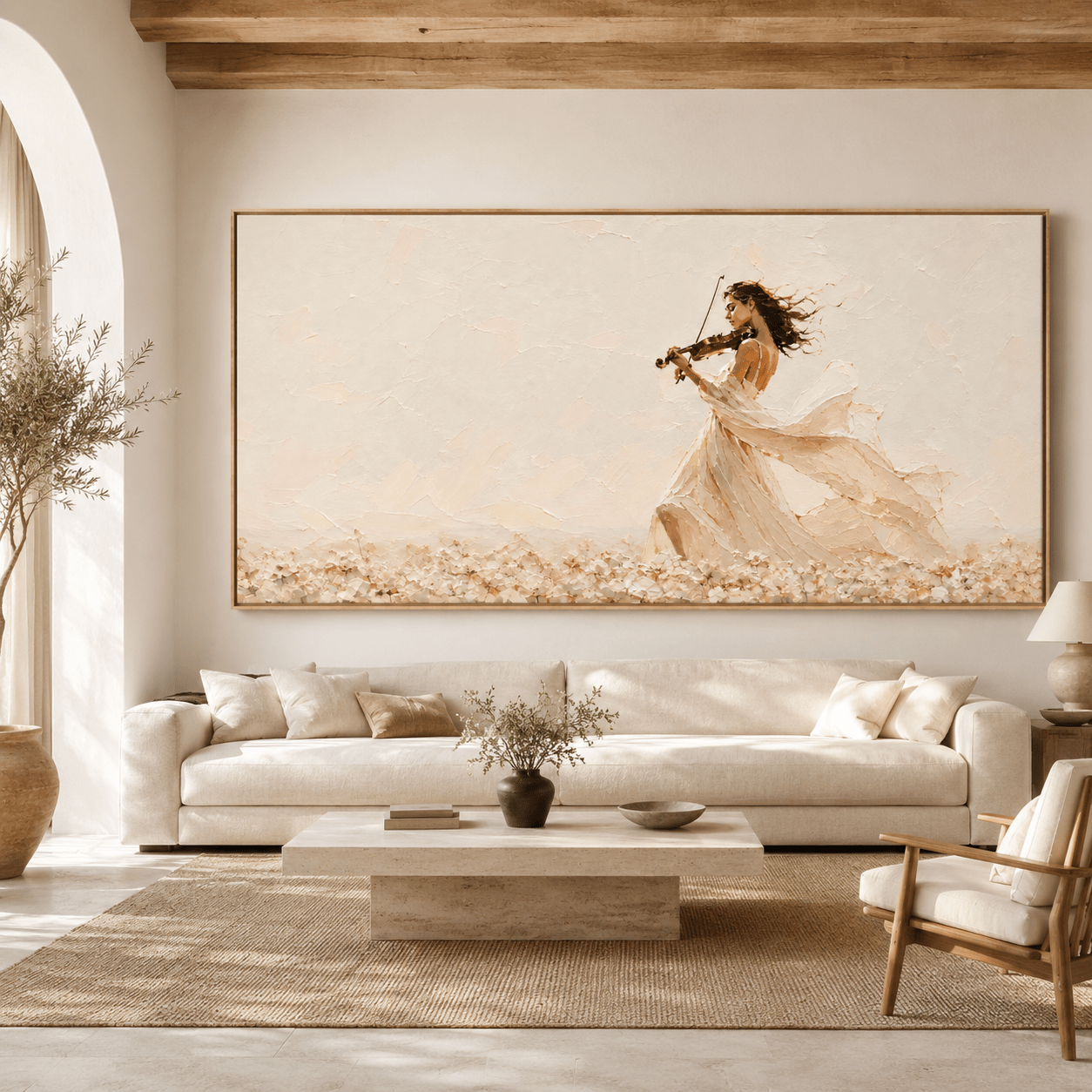 Violin painting displayed above a sofa in a neutral living room – Windswept Serenade by Rossetti Art