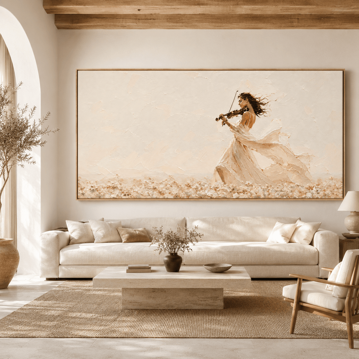 Violin painting displayed above a sofa in a neutral living room – Windswept Serenade by Rossetti Art