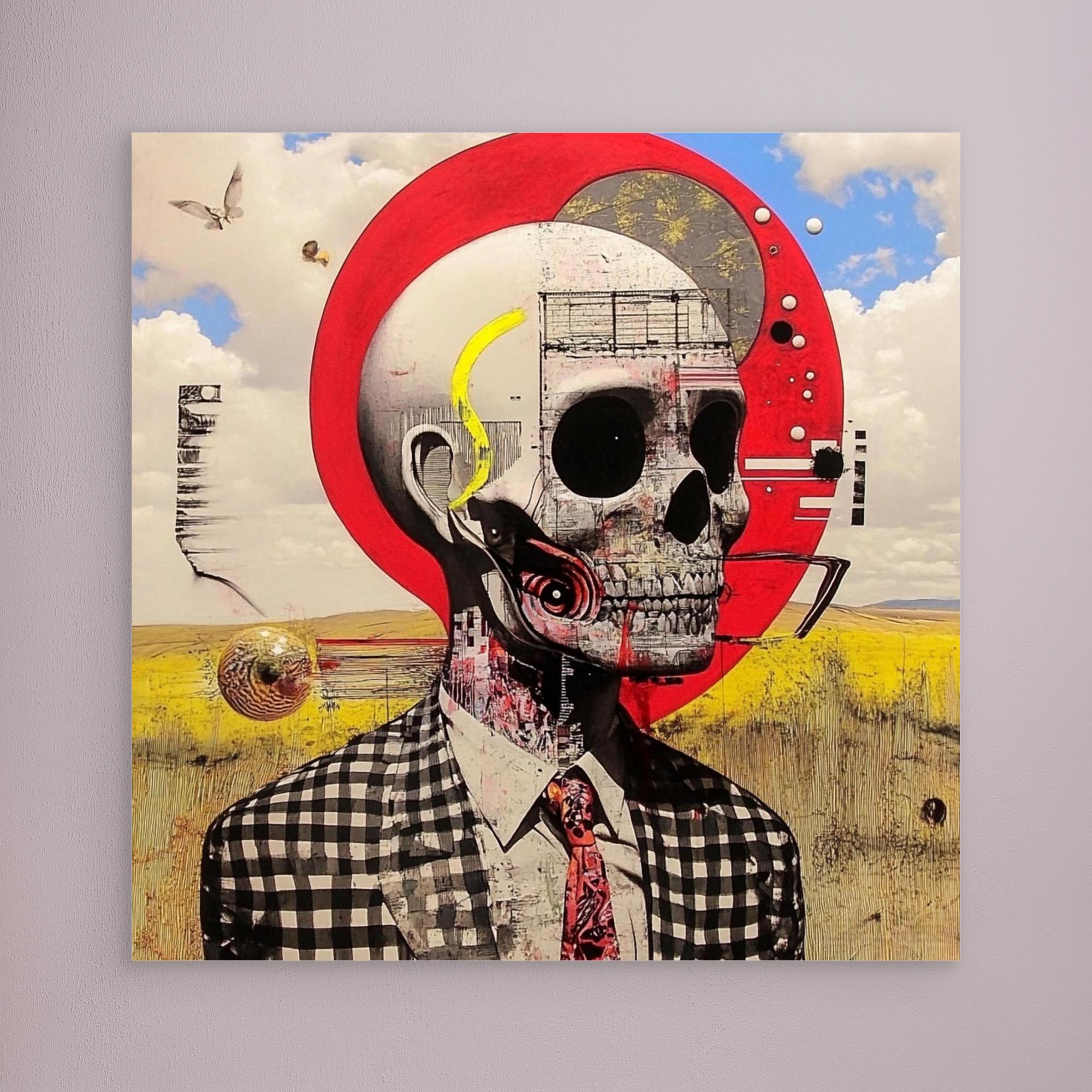 Canvas Print : Skull Reverie - Surreal Skull Art Print – Modern Mixed Media Wall Decor with Red Accents