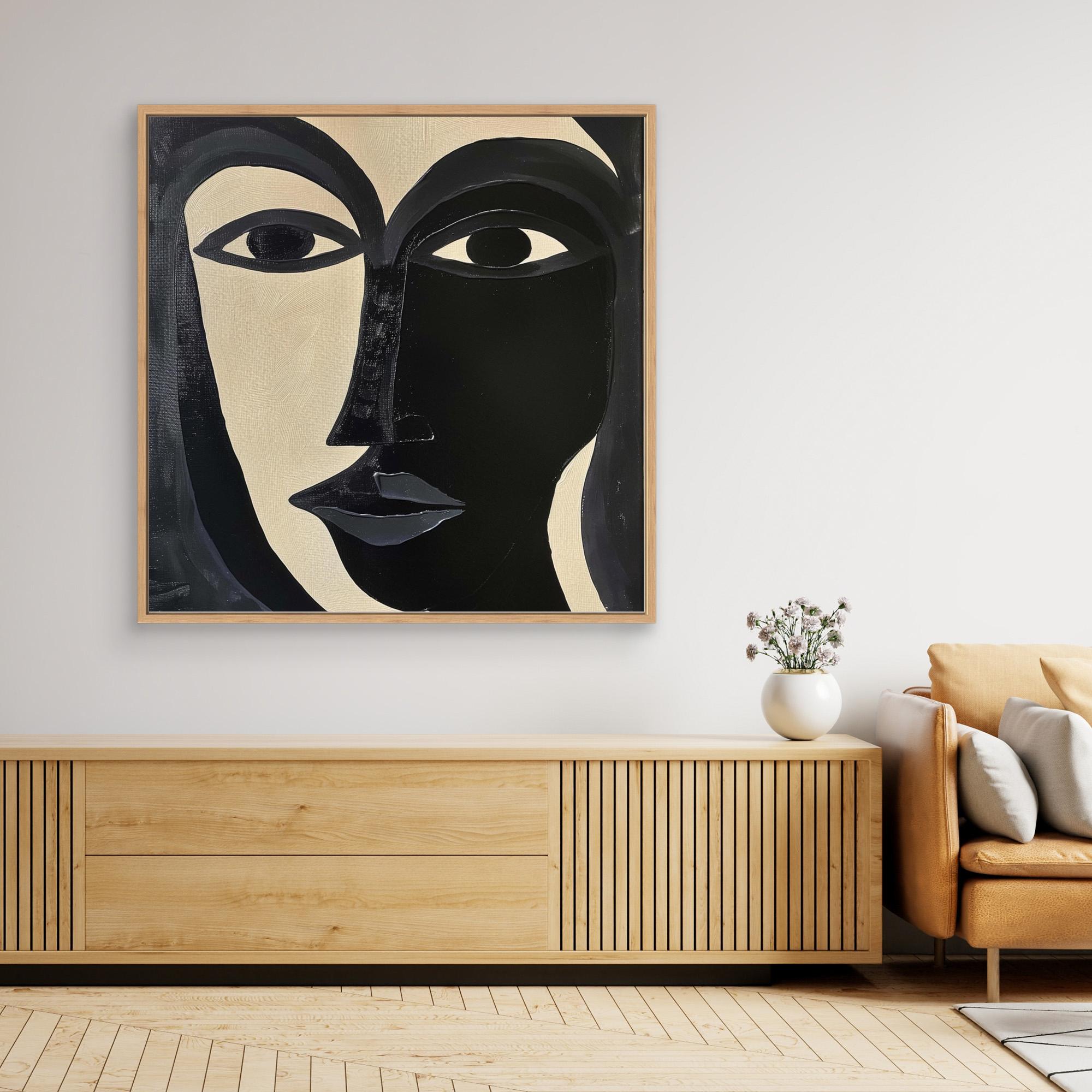 Divided Essence - Minimalist Black and White Abstract Face Art Print, Modern Portrait Wall Decor, Bold Contemporary Expressionist Artwork, Unique Canvas Design