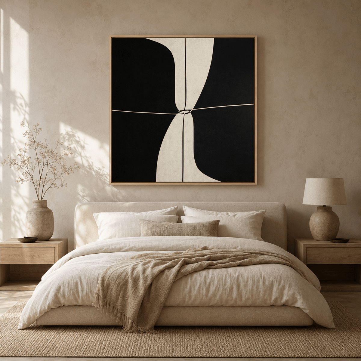 Wabi Sabi Painting – Quiet Divide by Rossetti Art in a bedroom