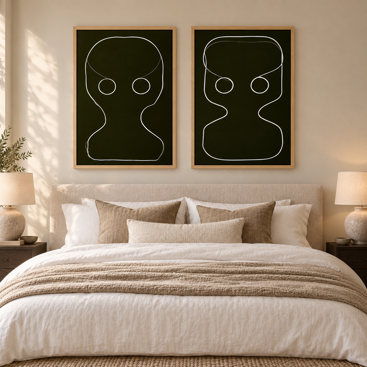 Wall Art Set of 2 – Twin Totems canvas prints above a bed in a calm bedroom by Rossetti Art