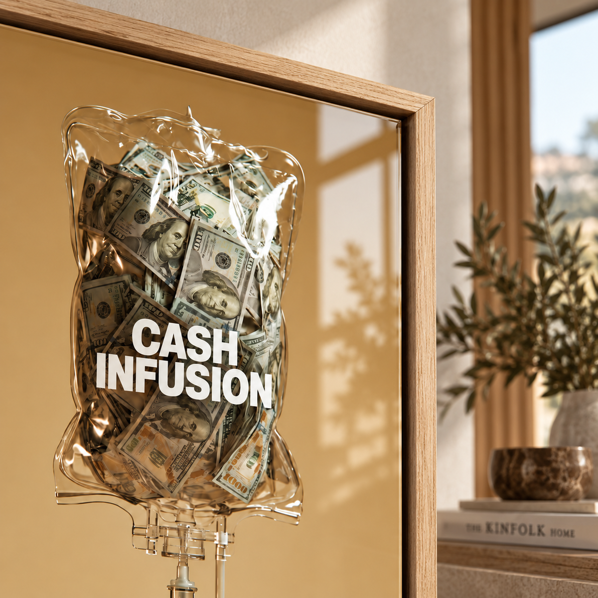 Wall Street wall art – Cash Infusion acrylic print in a black frame above a desk in a home office by Rossetti Art