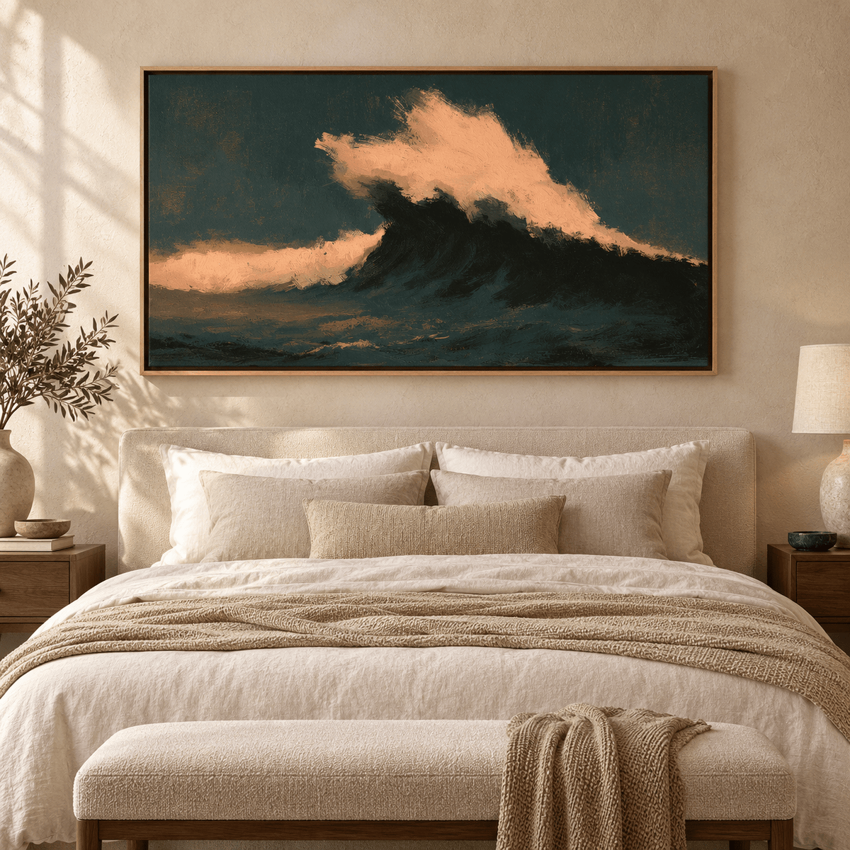 Wave Painting — Midnight Break hanging above a wood dining table in a warm neutral dining room