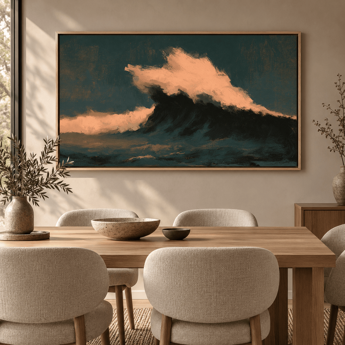 Wave Painting — Midnight Break hanging above a cream sectional sofa in a minimalist living room