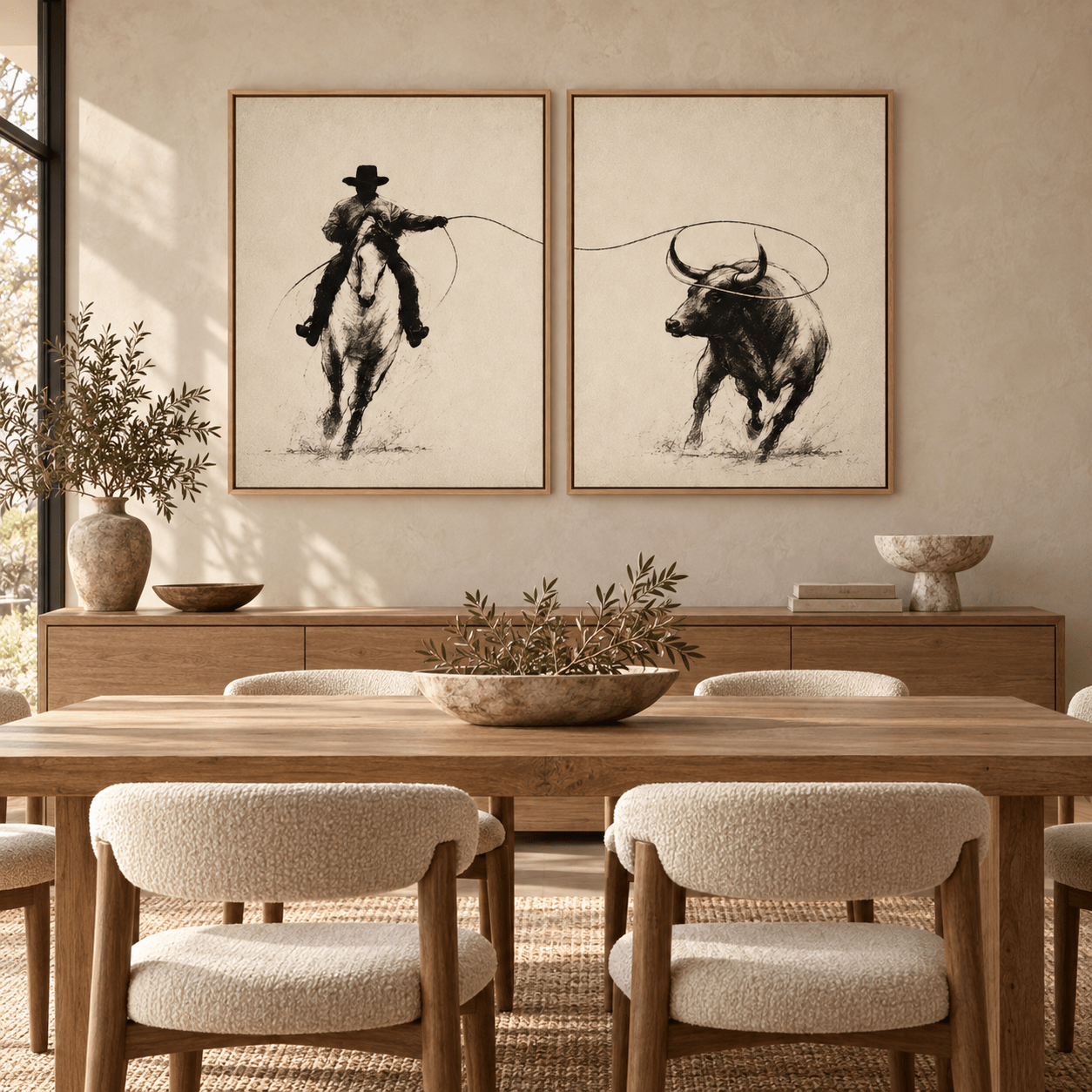 Western wall art set – Rope and Run above a dining room sideboard