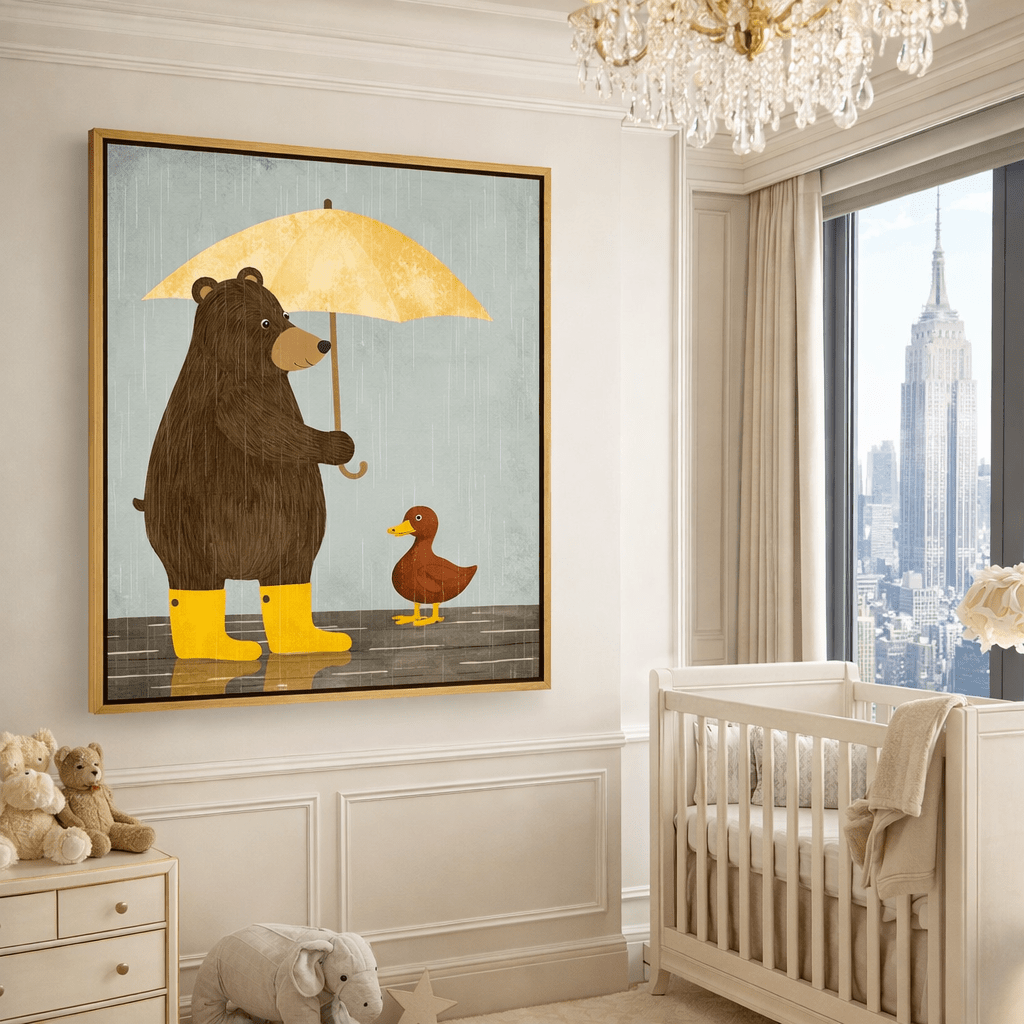 Whimsical Bear & Duck Rainy Day Canvas Print Art | Nursery Wall Art, Modern Decor modern abstract canvas wall art by Rossetti Art – luxury interior design artwork for living room, bedroom, office – canvas print art Chiara Rossetti kids