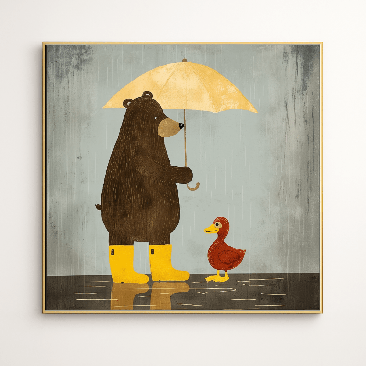 Whimsical Bear & Duck Rainy Day Canvas Print Art | Nursery Wall Art, Modern Decor modern abstract canvas wall art by Rossetti Art – luxury interior design artwork for living room, bedroom, office – canvas print art Chiara Rossetti kids