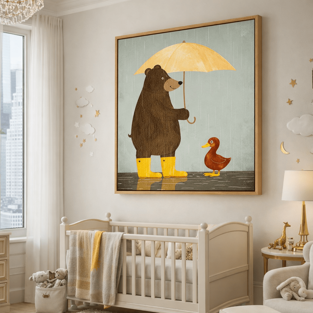 Whimsical Bear & Duck Rainy Day Canvas Print Art | Nursery Wall Art, Modern Decor modern abstract canvas wall art by Rossetti Art – luxury interior design artwork for living room, bedroom, office – canvas print art Chiara Rossetti kids