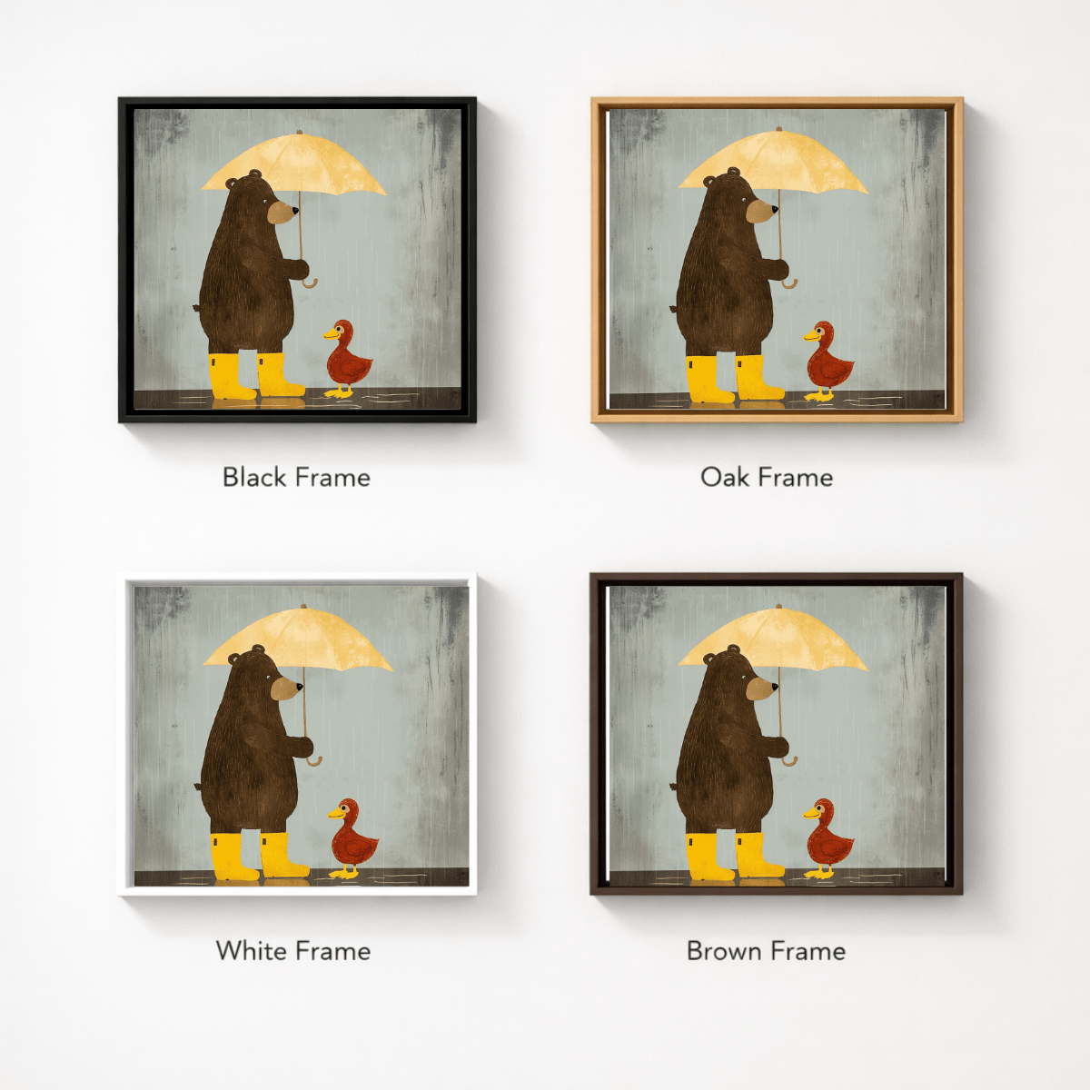 Whimsical Bear & Duck Rainy Day Canvas Print Art | Nursery Wall Art, Modern Decor modern abstract canvas wall art by Rossetti Art – luxury interior design artwork for living room, bedroom, office – canvas print art Chiara Rossetti kids