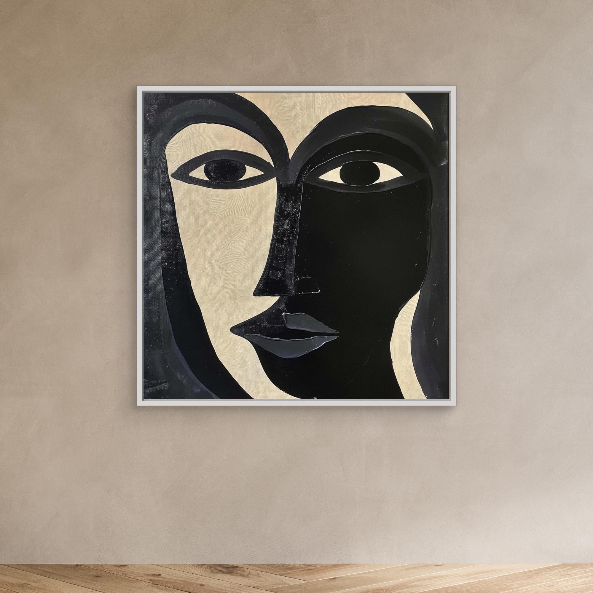 Divided Essence - Minimalist Black and White Abstract Face Art Print, Modern Portrait Wall Decor, Bold Contemporary Expressionist Artwork, Unique Canvas Design