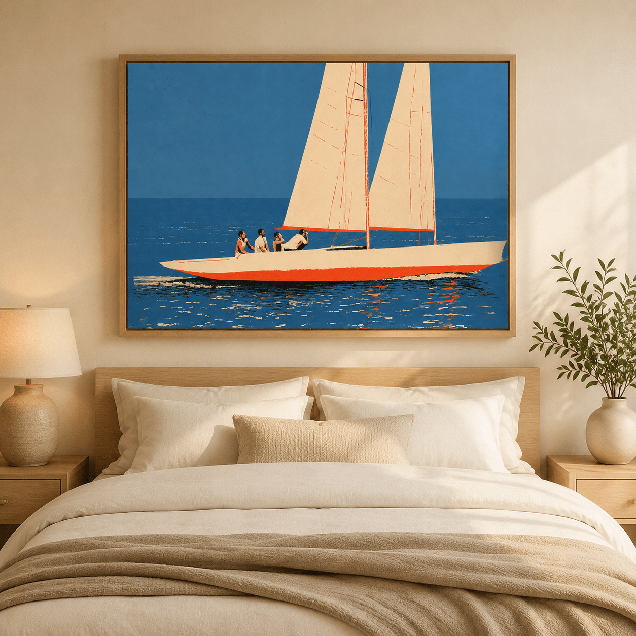 Horizontal yacht wall art with blue sea and graphic sails