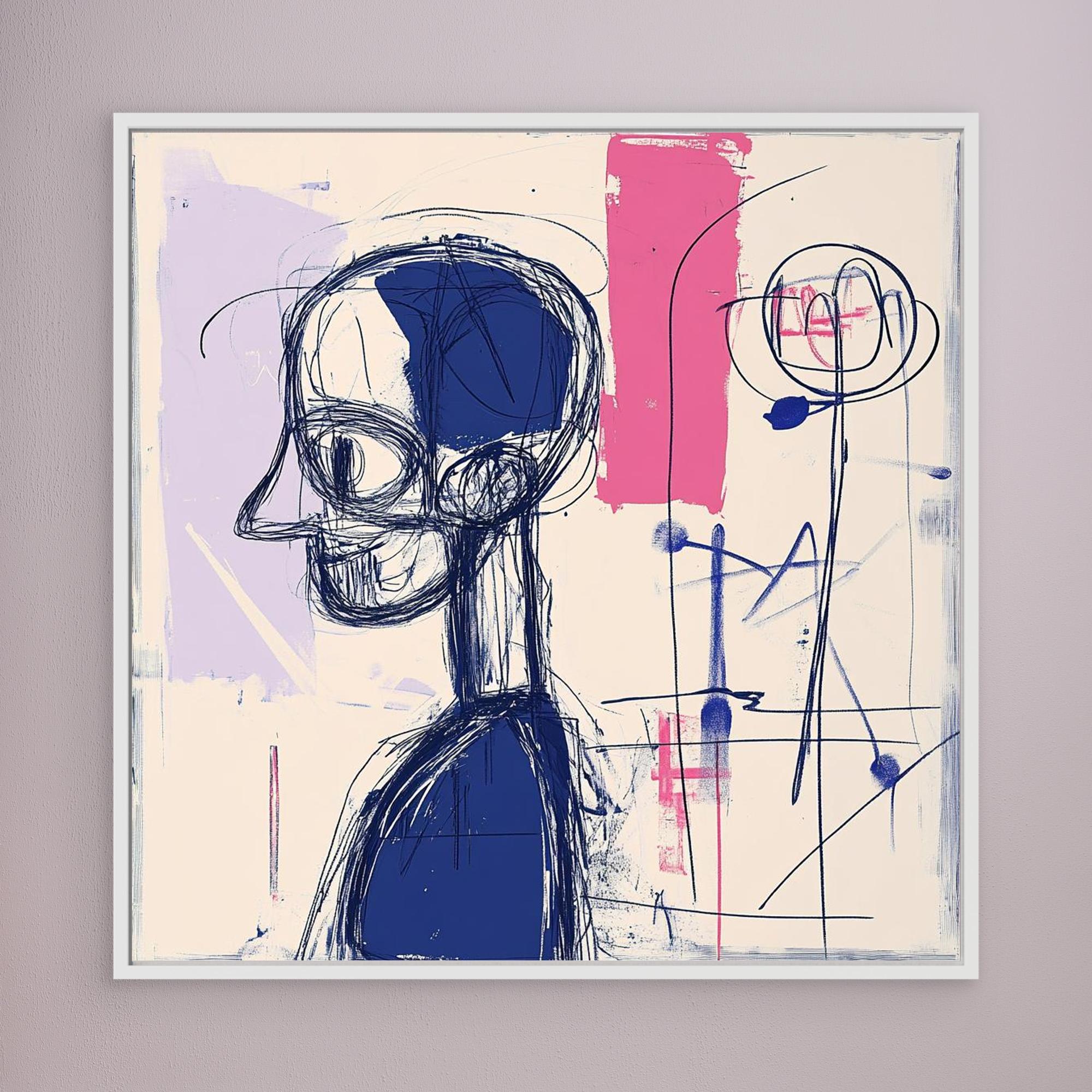 Abstract Contemplation - Modern Abstract Line Art Print | Blue and Pink Abstract Portrait | Contemporary Wall Art for Home or Office Decor