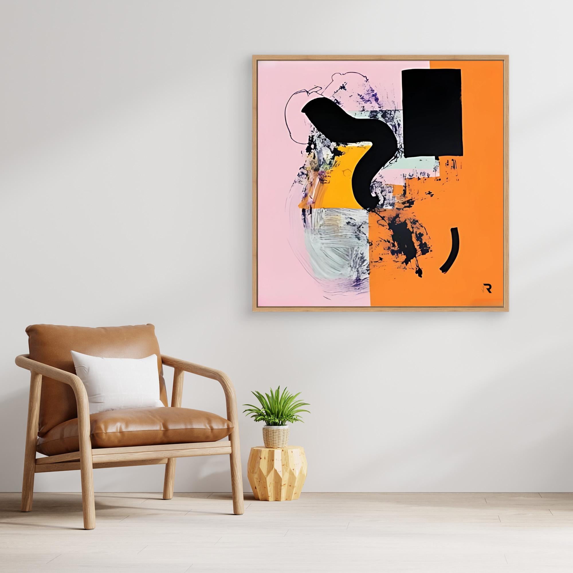 Dynamic Flow- Print Wall Art - Abstract Modern Wall Art, Pink And Orange Geometric Print, Large Framed Contemporary Art, Bold Black And Yellow Accent Wall Decor, Minimalist Canvas Print For Living Rooms