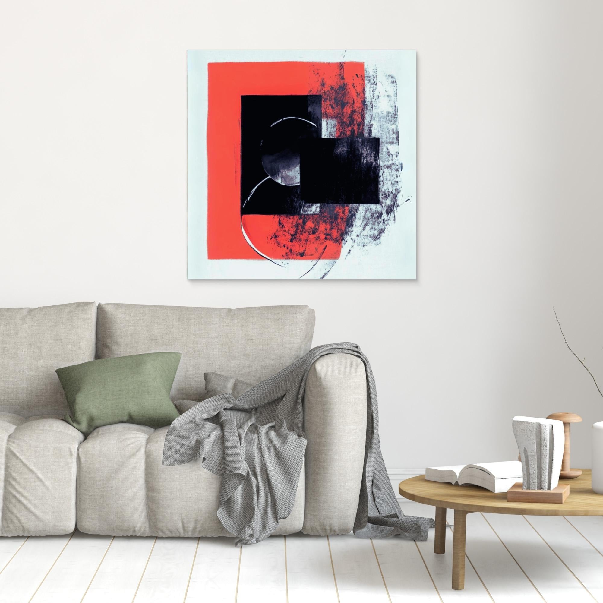 Crimson Echo - Modern Abstract Wall Art Print - Bold Black and Red Geometric Design on White Canvas - Contemporary Minimalist Art for Home Decor